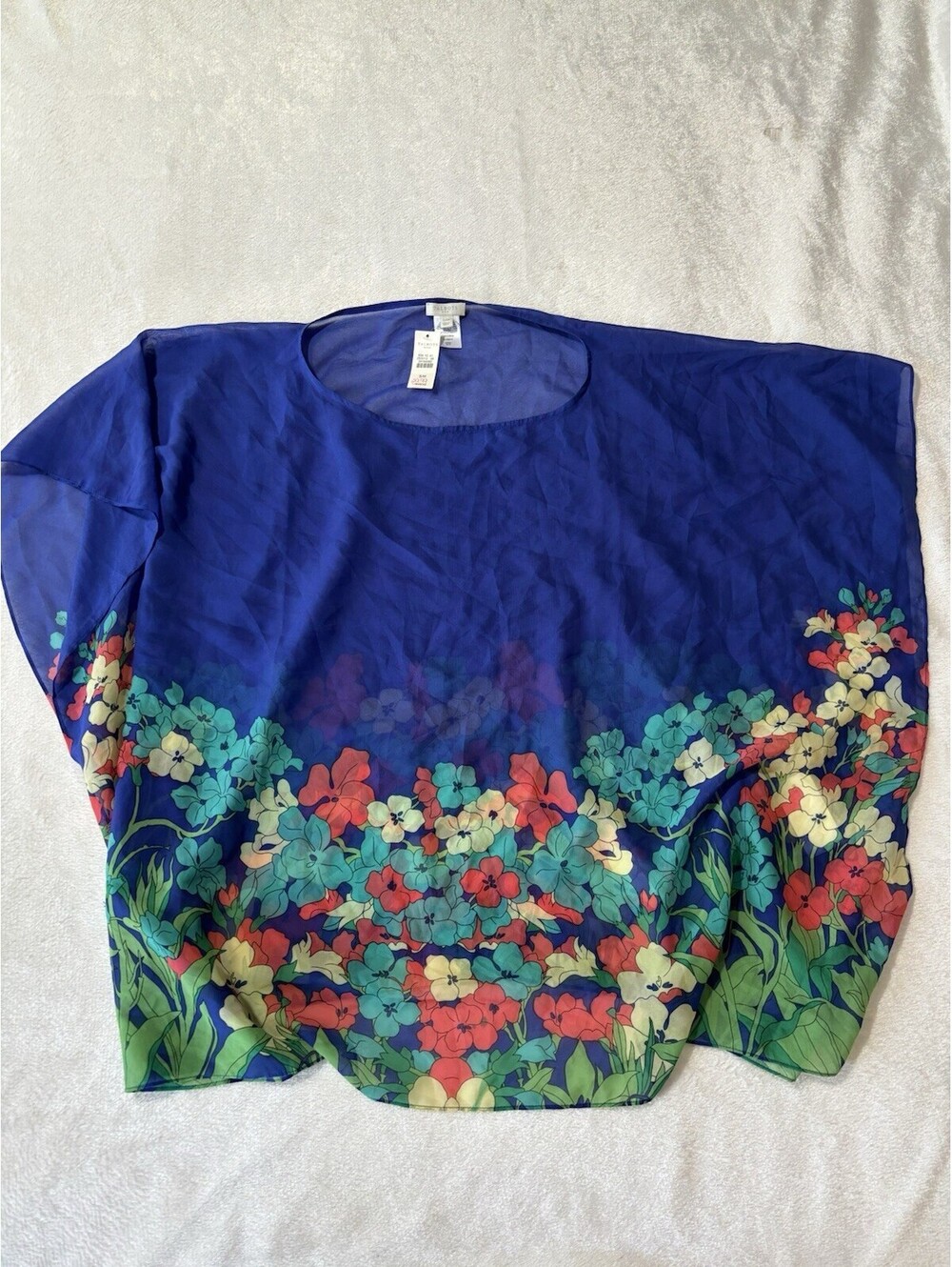 Talbots Semi Sheer Poncho S/M Blue Floral Beach Cover Layering Boho NWT